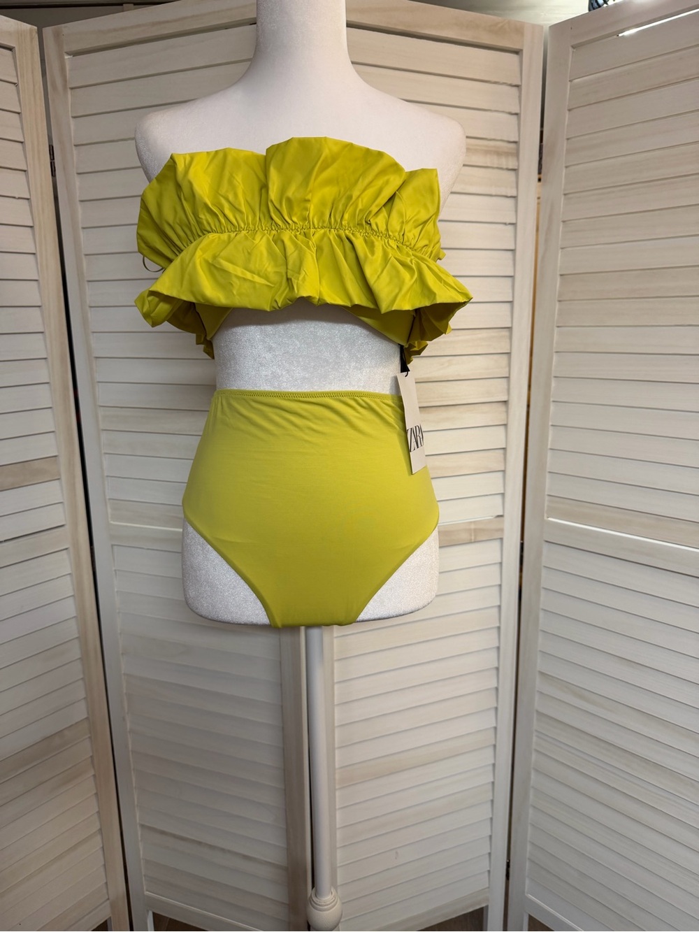 NWT Zara Neon Yellow High-Waist Bikini Top and Bottoms Sz M